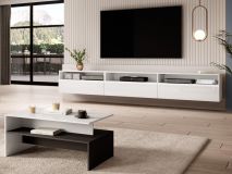 Meuble tv-hifi BABEL II 3 portes 3 niches blanc/blanc laqué avec table basse