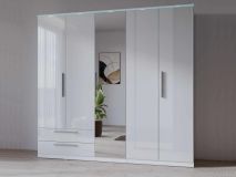 Armoire INDIRA 5 portes 2 tiroirs blanc/blanc brillant avec led