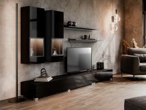 Mur tv-hifi BABEL 5 portes noir laqué/noir avec led