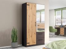 Armoire BUTTO 2 portes 2 tiroirs chêne artisan/gris métal avec miroir