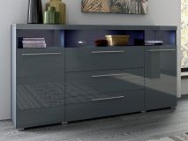 Buffet/bahut INAZO 2 portes 3 tiroirs gris/gris laqué avec led