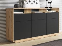 Buffet/bahut ASTER 3 portes 3 tiroirs noir mat/chêne taurus
