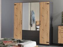 Armoire BUTTO 4 portes 2 tiroirs 181 cm chêne artisan/gris métal avec miroir