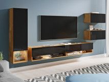 Mur TV AMOS 5 portes chêne wotan/noir brillant