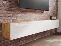 Meuble tv-hifi KINGSTON 2 portes battantes 210 cm chêne doré/blanc brillant