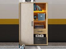 Commode haute BIC 1 porte 2 tiroirs chêne artisan/gris soie