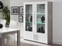Vitrine GRENADE 4 portes marbre laqué/blanc laqué avec led