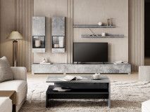 Mur tv-hifi BABEL 5 portes béton avec led avec table basse