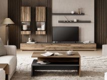 Mur tv-hifi BABEL 5 portes noyer/chêne grisé avec led avec table basse