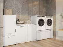 Meuble WASHING 2 machines avec armoire 1 porte 2 tiroirs et meuble bas MEDIUM blanc