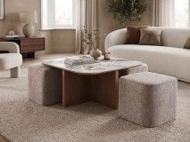 Table basse EVORYA 80 cm avec 4 poufs tissu marbre blanc/bois