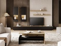 Mur tv-hifi BABEL 5 portes chêne artisan/noir mat avec led avec table basse