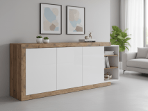 Buffet/bahut SINO 3 portes 220 cm chêne/blanc laqué