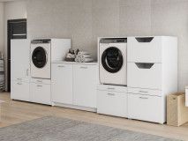 Meuble WASHING 2 machines avec armoire 1 porte 2 tiroirs et armoire linge et meuble bas MEDIUM blanc
