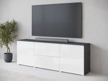 Meuble tv-hifi VITTORIO 2 portes 2 tiroirs graphite/blanc brillant avec led