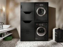 Meuble WASHING 2 machines superposé avec 1 armoire linge LARGE noir
