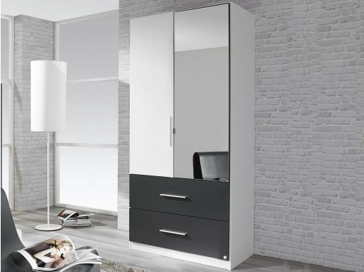 Armoire ALVARO 2 portes 2 tiroirs blanc/gris lave avec miroir