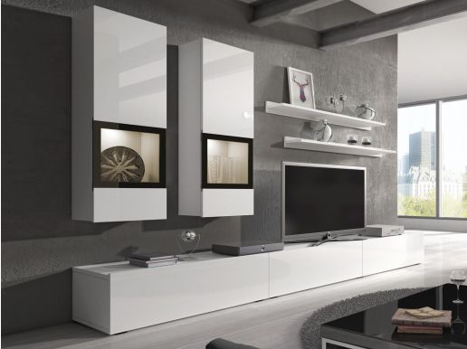 Mur tv-hifi BABEL 5 portes blanc/blanc laqué avec led sans table basse