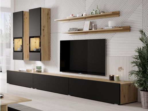 Mur tv-hifi BABEL 5 portes chêne artisan/noir mat avec led sans table basse