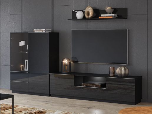Mur tv-hifi HELA 4 portes 3 tiroirs noir/noir brillant sans led