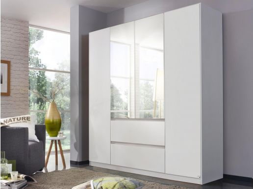 Armoire MALIS 4 portes 2 tiroirs blanc alpin avec miroir