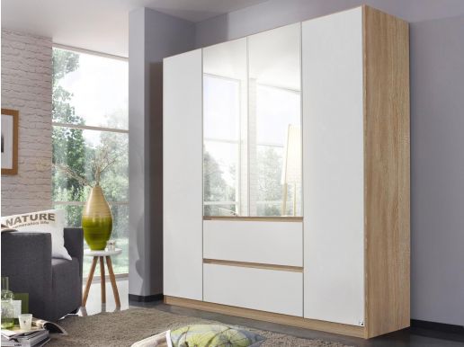 Armoire MALIS 4 portes 2 tiroirs blanc alpin/chêne sonoma avec miroir