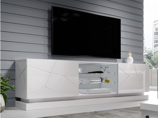 Meuble tv-hifi AGNOS 2 portes 200 cm blanc/blanc brillant avec led