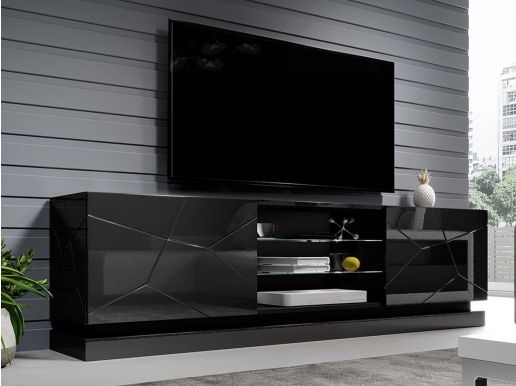 Meuble tv-hifi AGNOS 2 portes 200 cm noir/noir brillant avec led