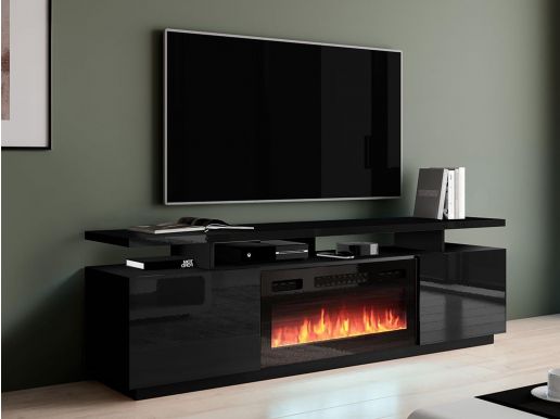 Meuble tv-hifi cheminée EVAPE 2 portes noir/noir brillant