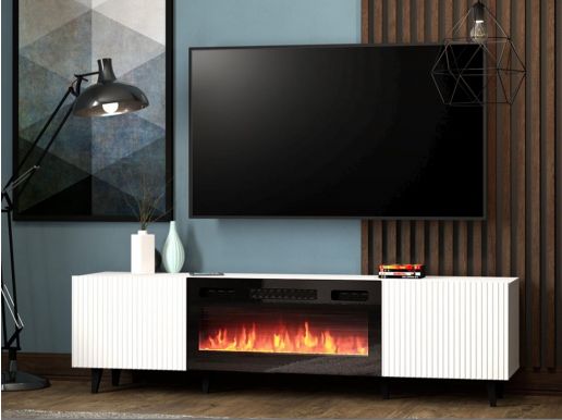 Meuble tv-hifi cheminée PAFLI 2 portes blanc/noir