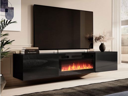 Meuble tv-hifi cheminée SPALO 2 portes noir/noir brillant