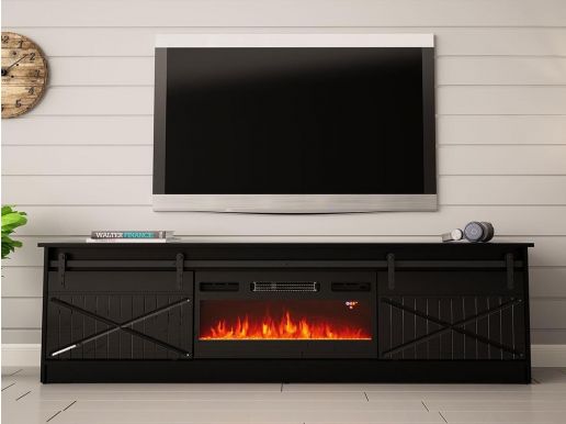 Meuble tv-hifi cheminée GRALO 2 portes coulissantes noir/noir brillant
