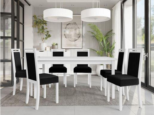 Table repas ALF 160 > 200 cm blanc avec 6 chaises coussins noir