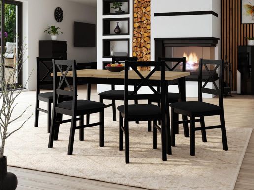 Table repas ALONSO 140 > 180 cm noir avec 6 chaises coussins noir