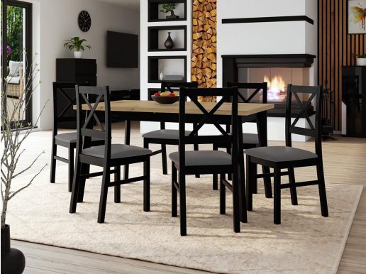 Table repas ALONSO 140 > 180 cm noir avec 6 chaises coussins gris