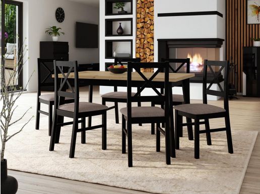 Table repas ALEZY 140 > 180 cm noir avec 6 chaises coussins taupe