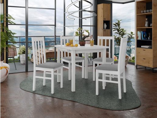Table repas ALITORA 80 > 110 cm blanc avec 4 chaises coussins gris