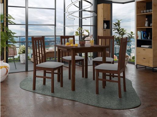 Table repas ALITORA 80 > 110 cm brun avec 4 chaises coussins gris