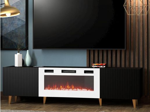Meuble tv-hifi cheminée PAFLI 2 portes noir/blanc