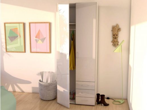 Armoire SPACIO 2 portes 3 tiroirs blanc/blanc brillant