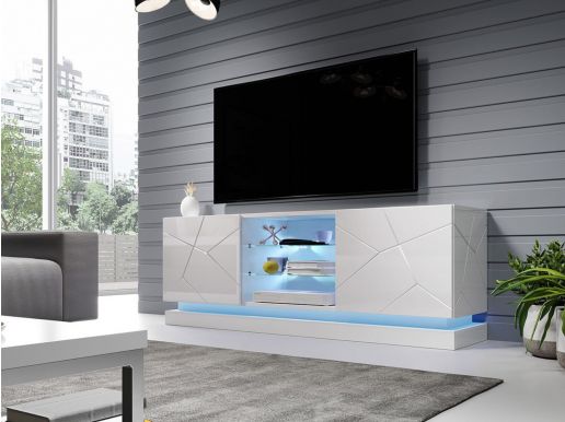 Meuble tv-hifi AGNOS 2 portes 160 cm blanc/blanc brillant avec led