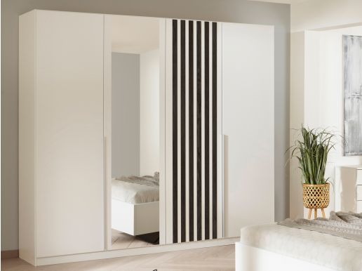 Armoire LATINO blanc/chêne noir 4 portes avec miroir