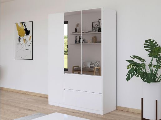 Armoire JOHAN 3 portes 2 tiroirs blanc avec miroir