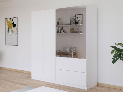 Armoire JOHAN 4 portes 2 tiroirs blanc avec miroir