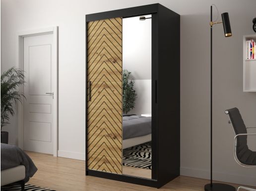 Armoire JODALO 2 portes coulissantes 100 cm noir/chêne artisan avec miroir