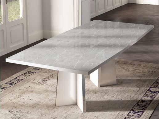 Table repas extensible MIRAS 180>225 cm blanc brillant/marbre gris avec rallonges
