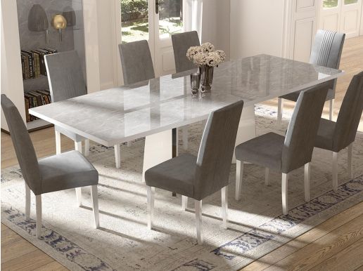 Table repas extensible MIRAS 180>225>270 cm blanc brillant/marbre gris avec rallonges