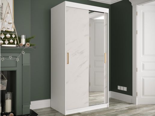 Armoire MARMARA 2 portes coulissantes 100 cm blanc/marbre blanc avec miroir