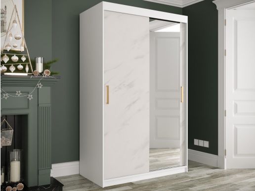 Armoire MARMARA 2 portes coulissantes 120 cm blanc/marbre blanc avec miroir