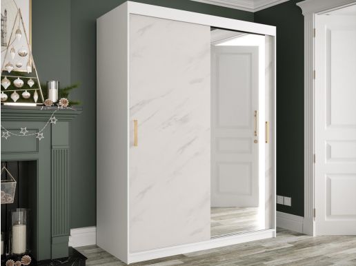 Armoire MARMARA 2 portes coulissantes 150 cm blanc/marbre blanc avec miroir